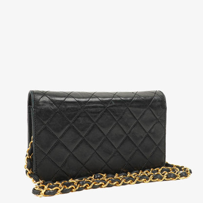 Chanel Mini Classic Full Flap Wallet on Chain WOC aus schwarzem gestepptem Lammleder mit 24K vergoldeter Hardware