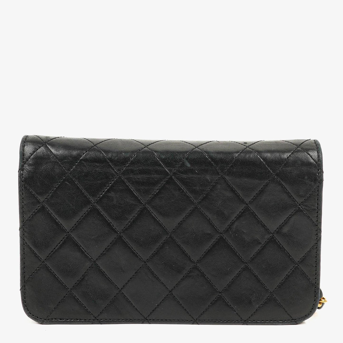 Chanel Mini Classic Full Flap Wallet on Chain WOC aus schwarzem gestepptem Lammleder mit 24K vergoldeter Hardware