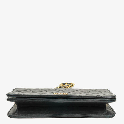 Chanel Mini Classic Full Flap Wallet on Chain WOC aus schwarzem gestepptem Lammleder mit 24K vergoldeter Hardware