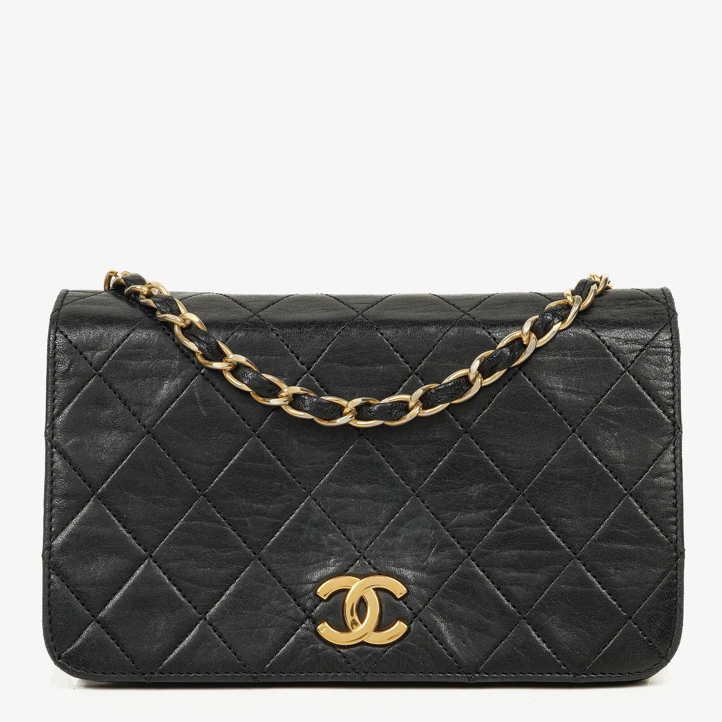 Chanel Mini Classic WOC Full Flap Geldbörse mit Kette aus schwarzem gestepptem Lammleder mit 24K vergoldeter Hardware