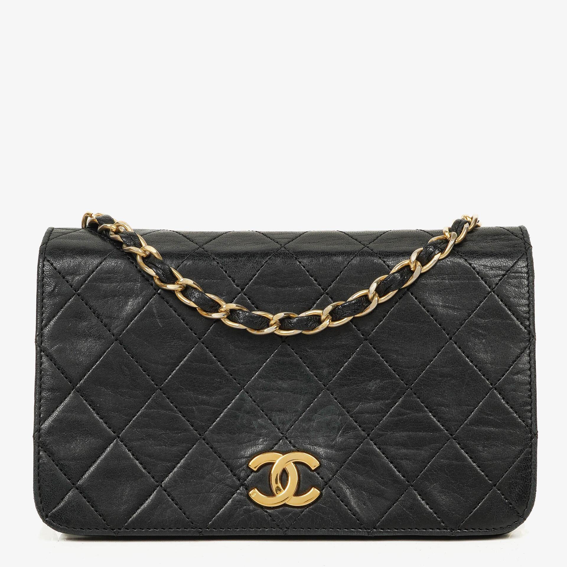Chanel Mini Classic WOC Full Flap Geldbörse mit Kette aus schwarzem gestepptem Lammleder mit 24K vergoldeter Hardware