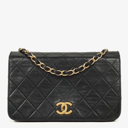 Chanel Mini Classic WOC Full Flap Geldbörse mit Kette aus schwarzem gestepptem Lammleder mit 24K vergoldeter Hardware