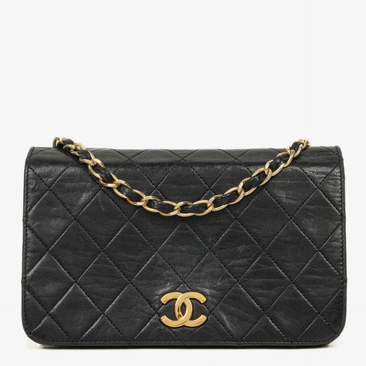 Chanel Mini Classic WOC Full Flap Geldbörse mit Kette aus schwarzem gestepptem Lammleder mit 24K vergoldeter Hardware