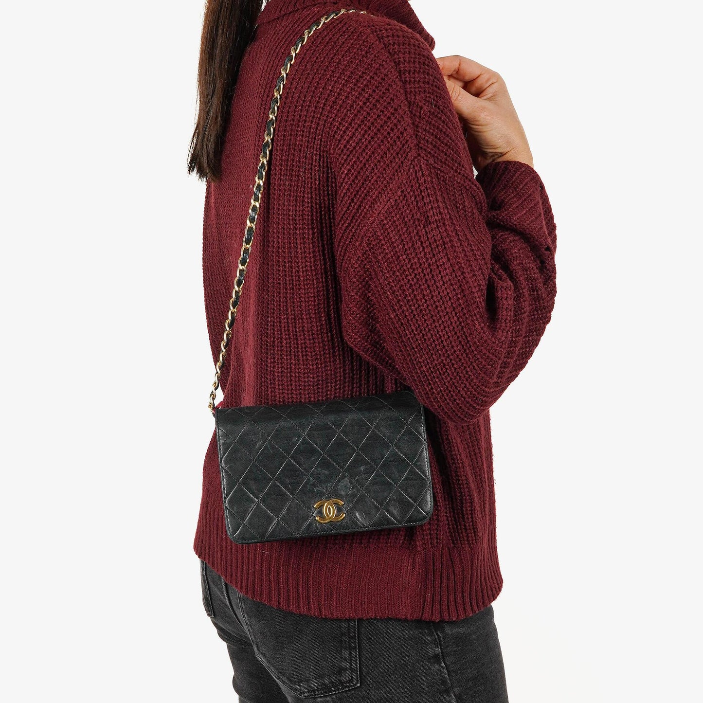 Chanel Mini Classic WOC Full Flap Geldbörse mit Kette aus schwarzem gestepptem Lammleder mit 24K vergoldeter Hardware