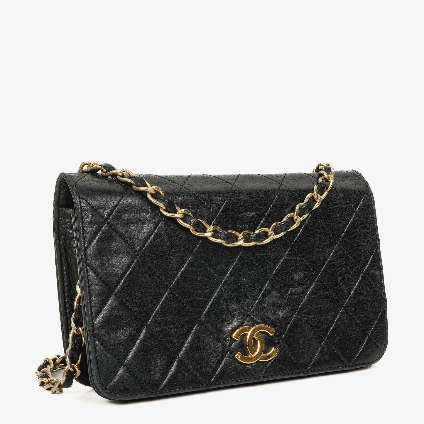 Chanel Mini Classic WOC Full Flap Geldbörse mit Kette aus schwarzem gestepptem Lammleder mit 24K vergoldeter Hardware