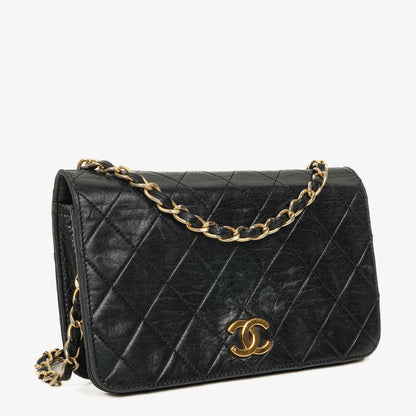 Chanel Mini Classic WOC Full Flap Geldbörse mit Kette aus schwarzem gestepptem Lammleder mit 24K vergoldeter Hardware