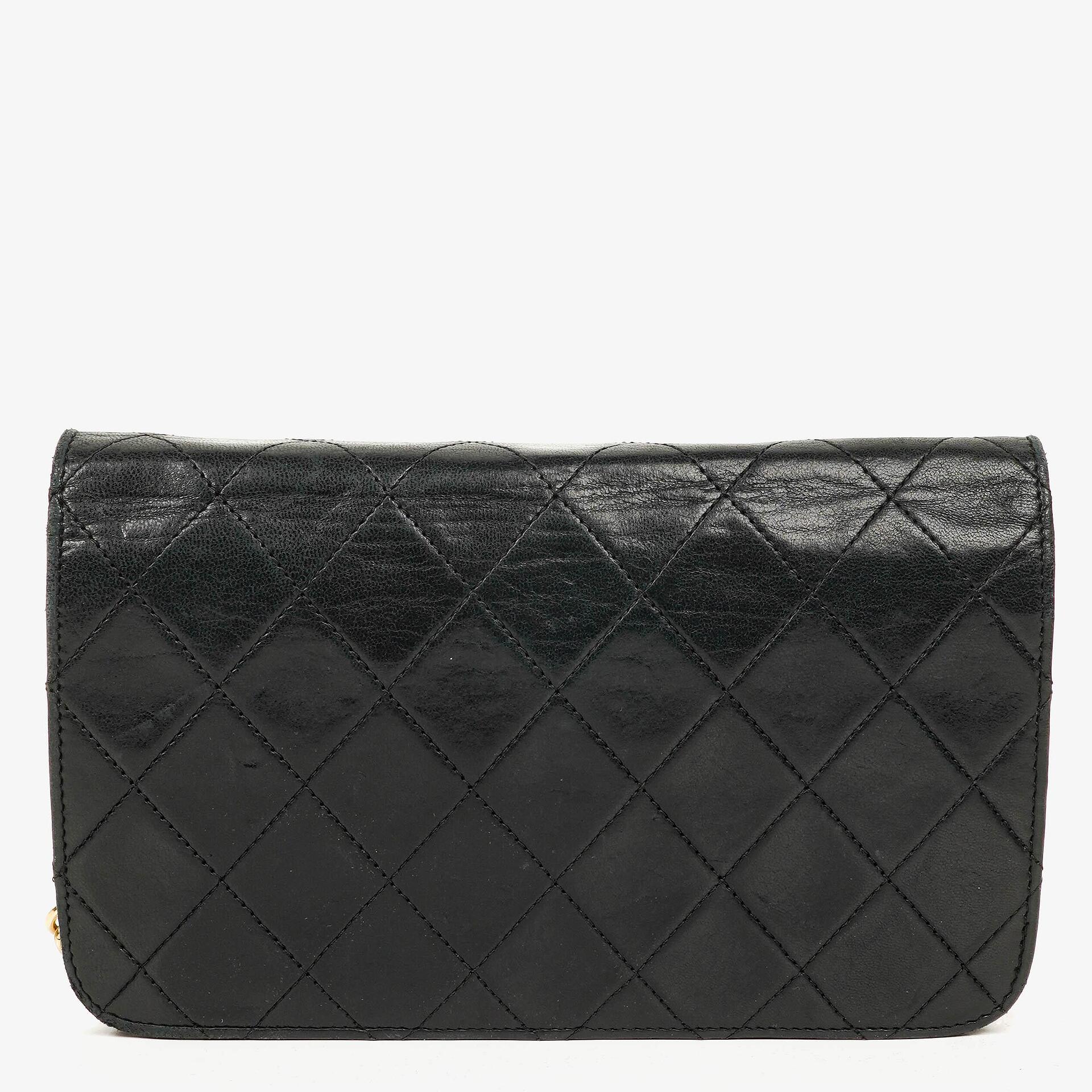 Chanel Mini Classic WOC Full Flap Geldbörse mit Kette aus schwarzem gestepptem Lammleder mit 24K vergoldeter Hardware