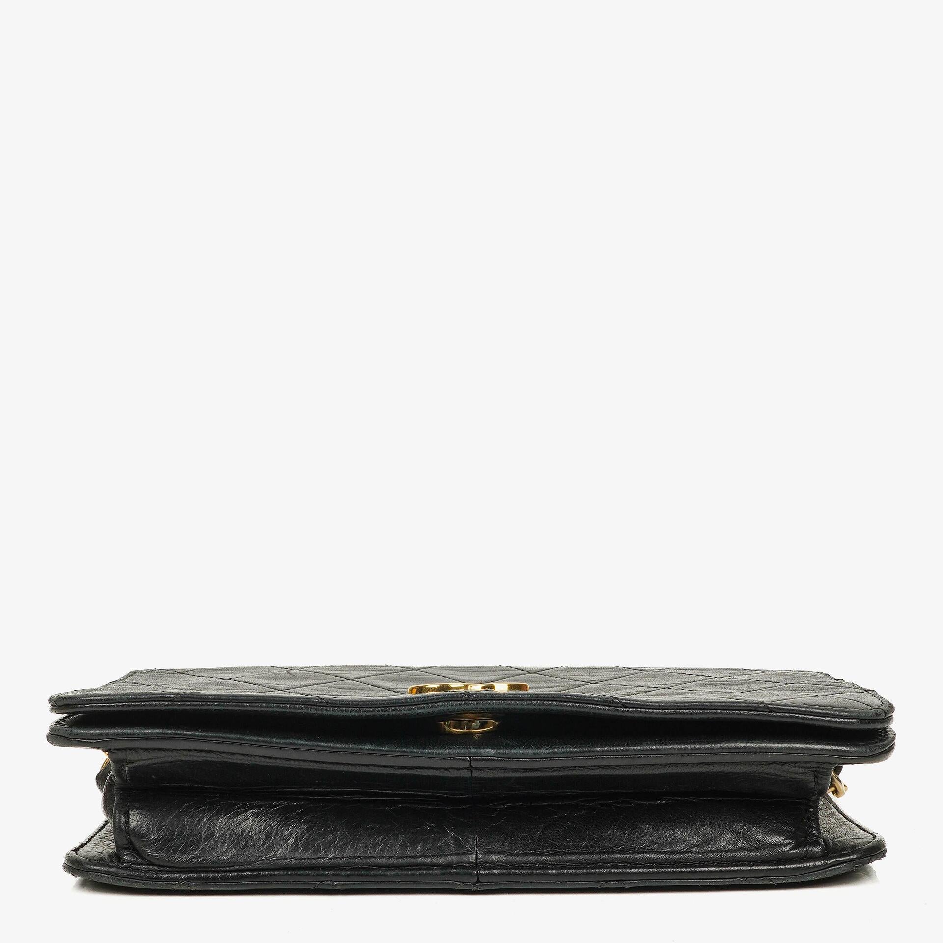 Chanel Mini Classic WOC Full Flap Geldbörse mit Kette aus schwarzem gestepptem Lammleder mit 24K vergoldeter Hardware