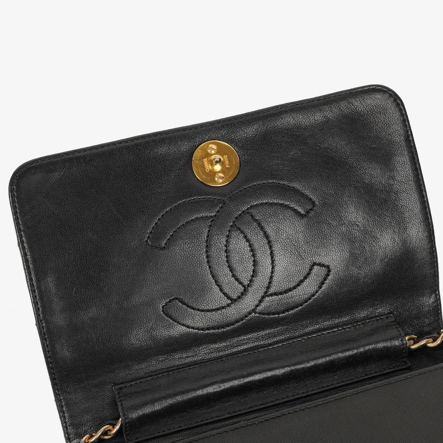 Chanel Mini Classic WOC Full Flap Geldbörse mit Kette aus schwarzem gestepptem Lammleder mit 24K vergoldeter Hardware