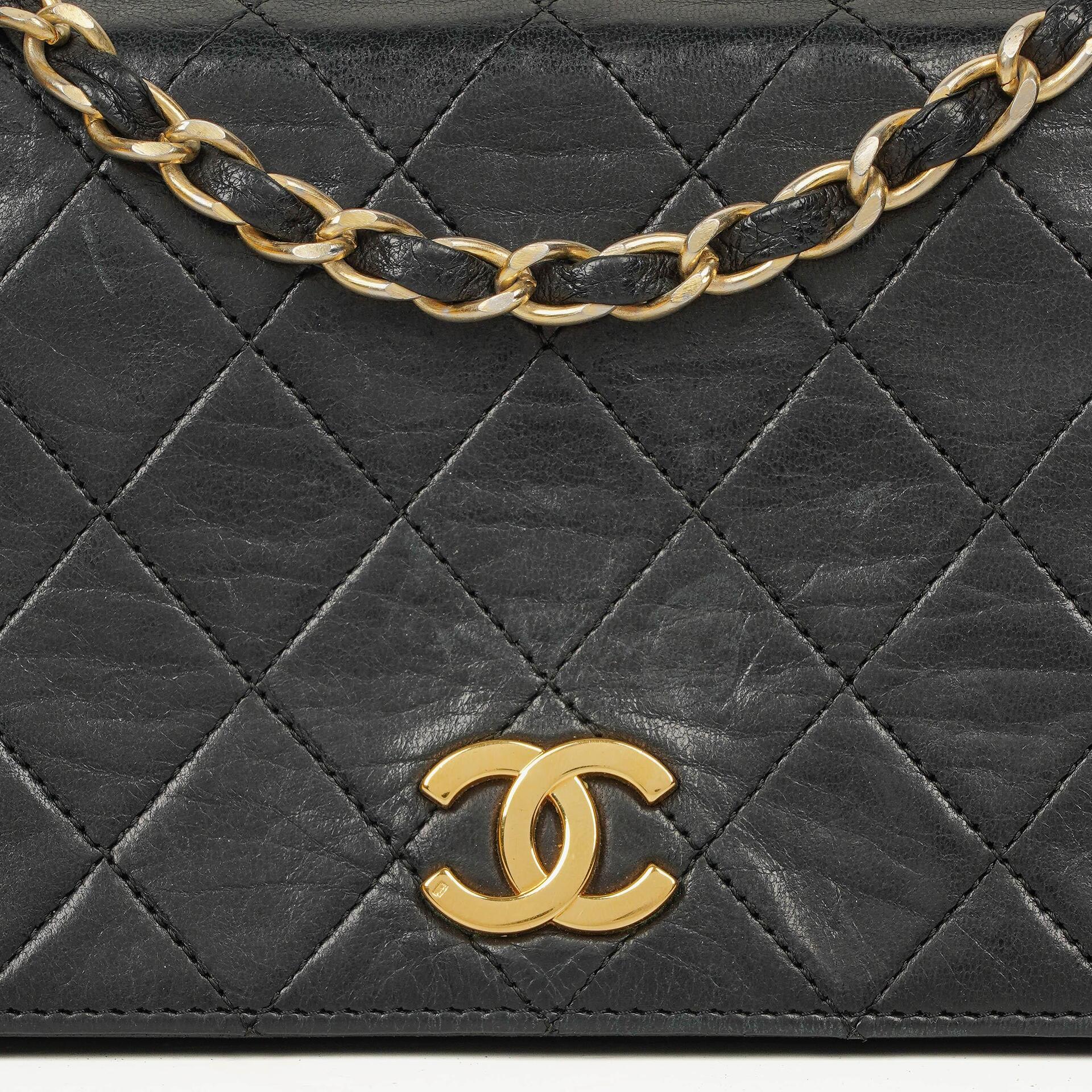 Chanel Mini Classic WOC Full Flap Geldbörse mit Kette aus schwarzem gestepptem Lammleder mit 24K vergoldeter Hardware
