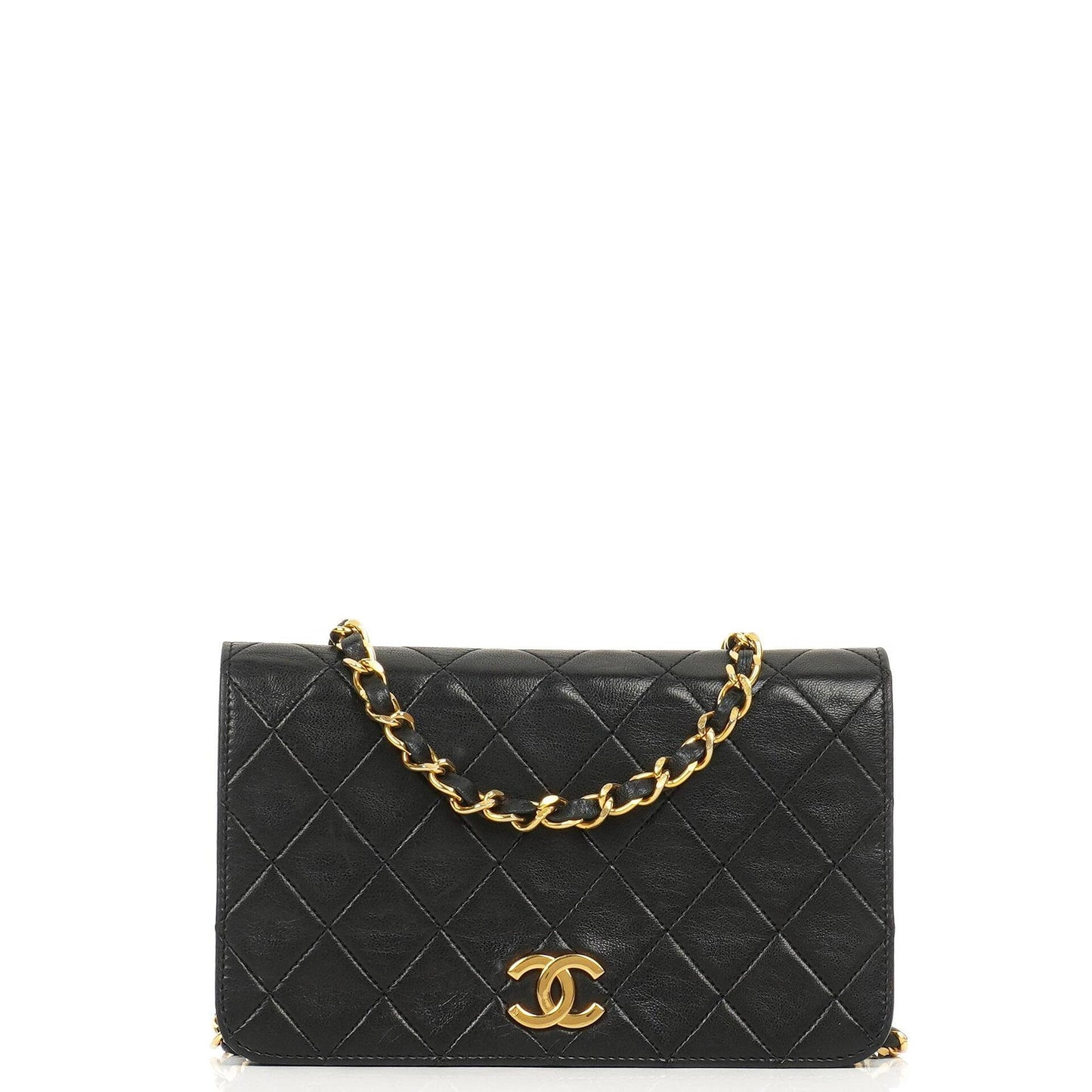 Chanel Mini Classic Full Flap Wallet on Chain (WOC), Schwarzes gestepptes Lammleder, 24K Goldplattierte Hardware