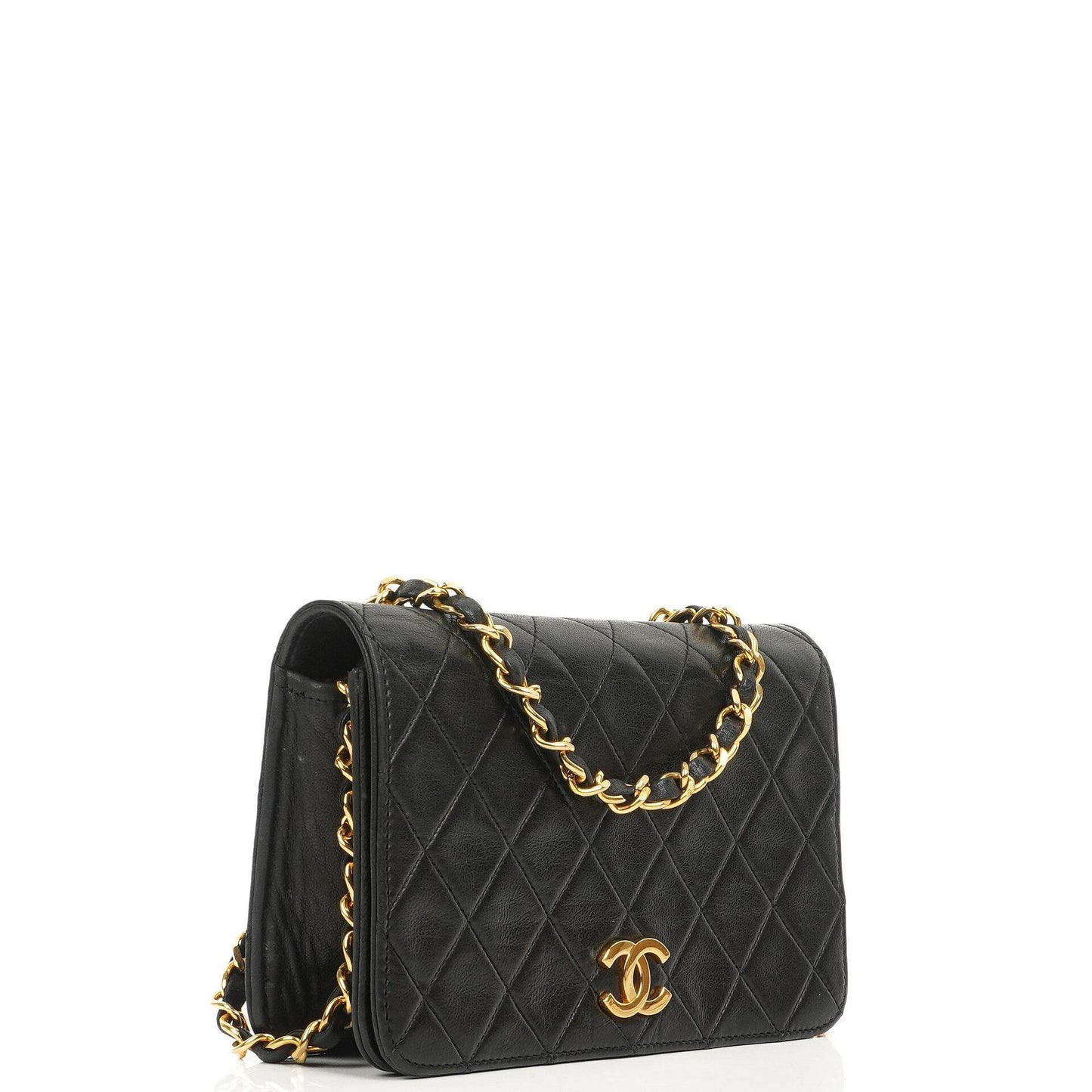 Chanel Mini Classic Full Flap Wallet on Chain (WOC), Schwarzes gestepptes Lammleder, 24K Goldplattierte Hardware