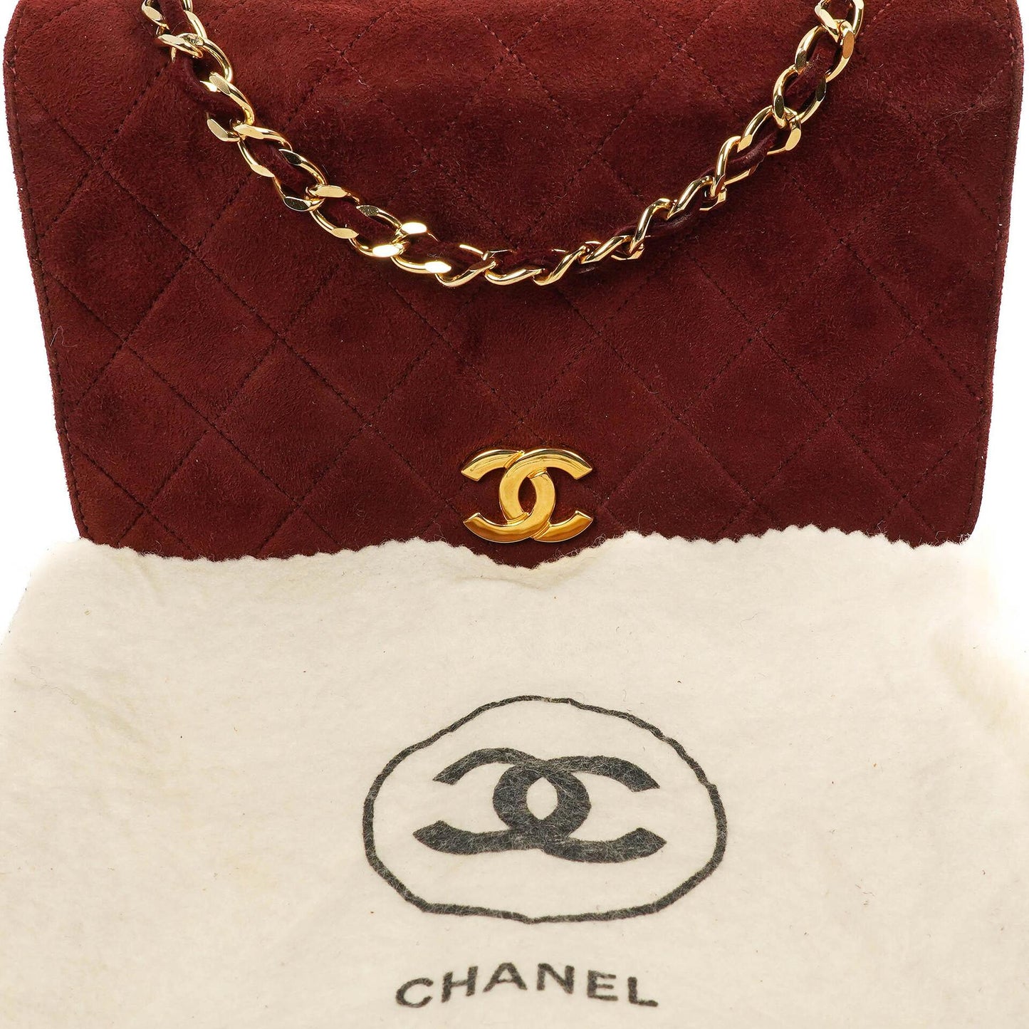 Chanel Mini Classic Burgunder Gequiltetes Wildleder Vollklapptasche mit Kette WOC mit goldfarbenen Beschlägen