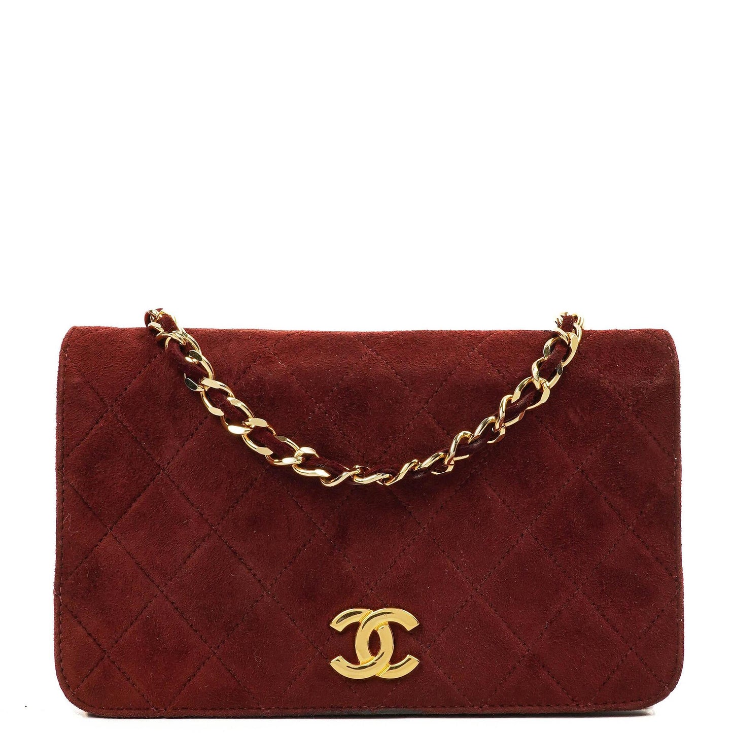 Chanel Mini Classic Burgunder Gequiltetes Wildleder Vollklapptasche mit Kette WOC mit goldfarbenen Beschlägen
