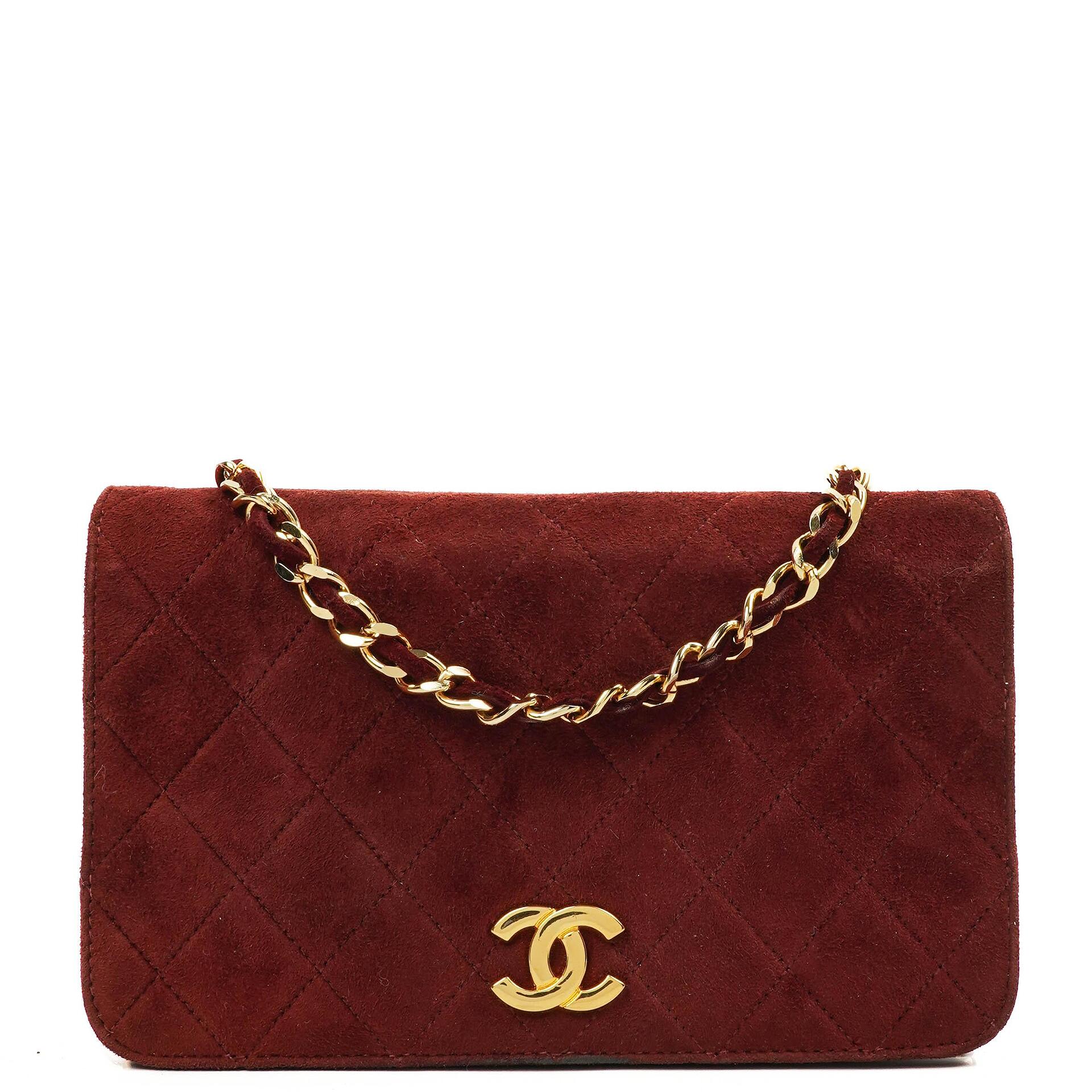 Chanel Mini Classic Burgunder Gequiltetes Wildleder Vollklapptasche mit Kette WOC mit goldfarbenen Beschlägen