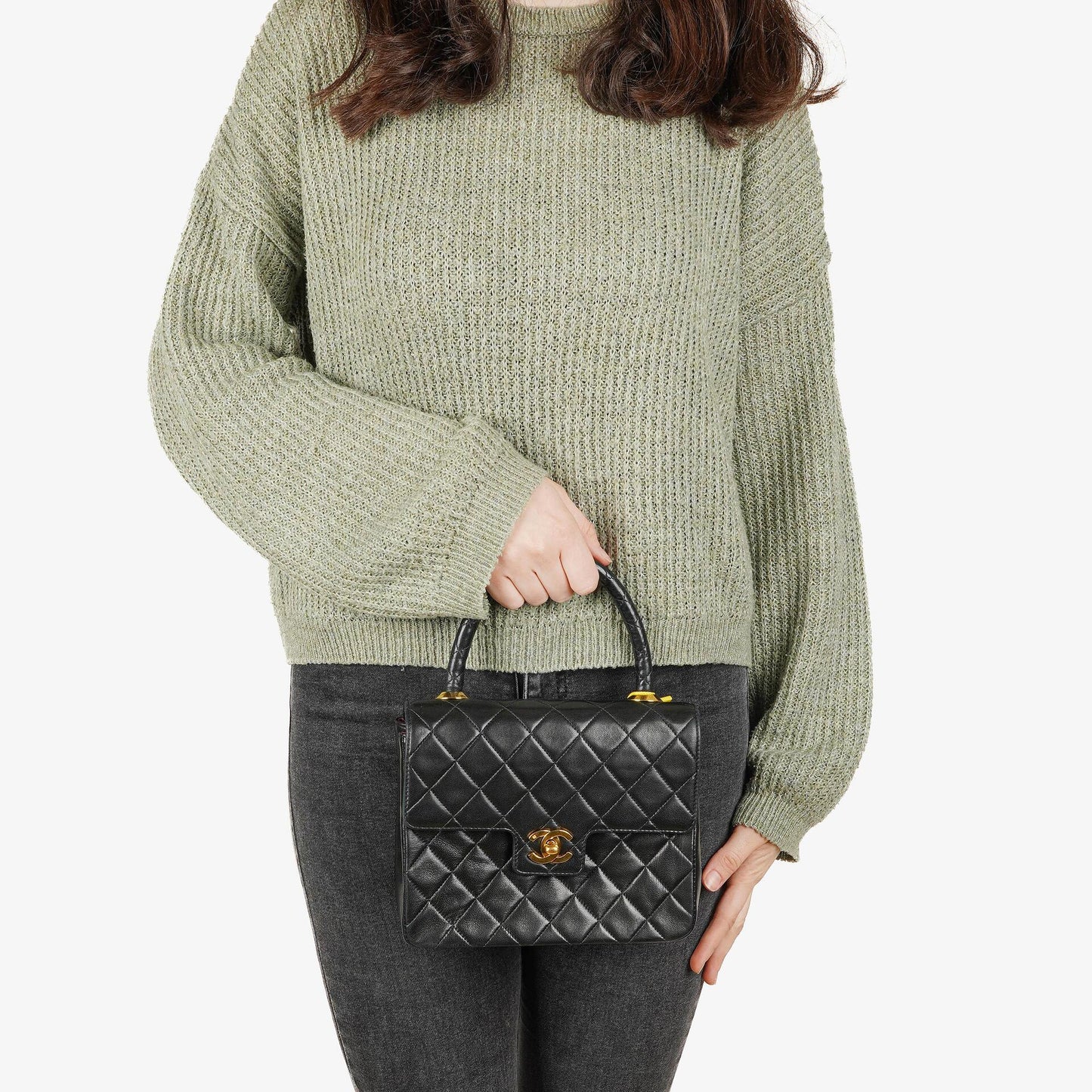 Chanel Mini Classic Kelly Vintage aus schwarzem gestepptem Lammleder mit 24K vergoldeten Beschlägen