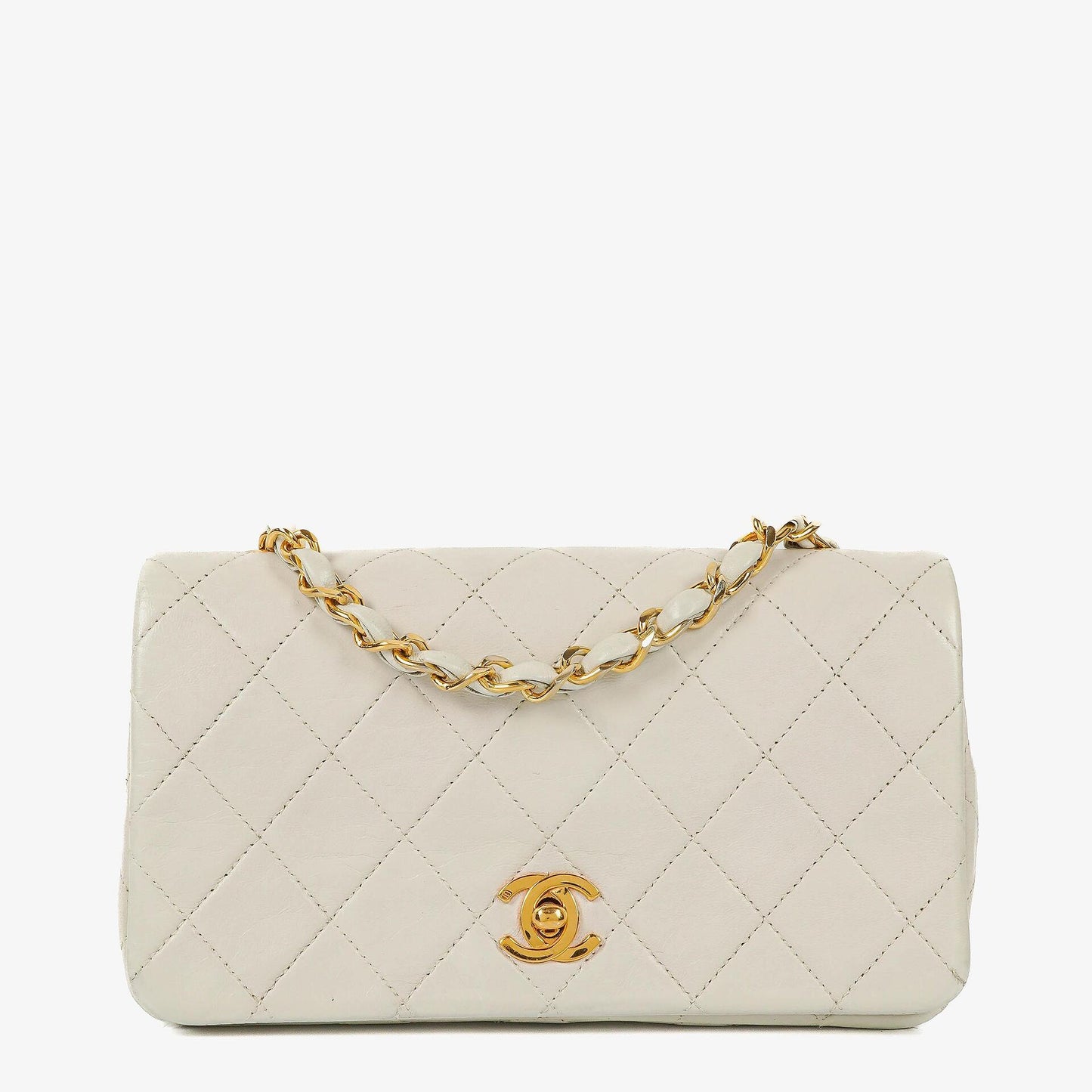 Chanel Mini Classic Weiße Stepp Lammleder Vollklapp Geldbörse Mit Kette WOC Mit 24K Vergoldeten Beschlägen