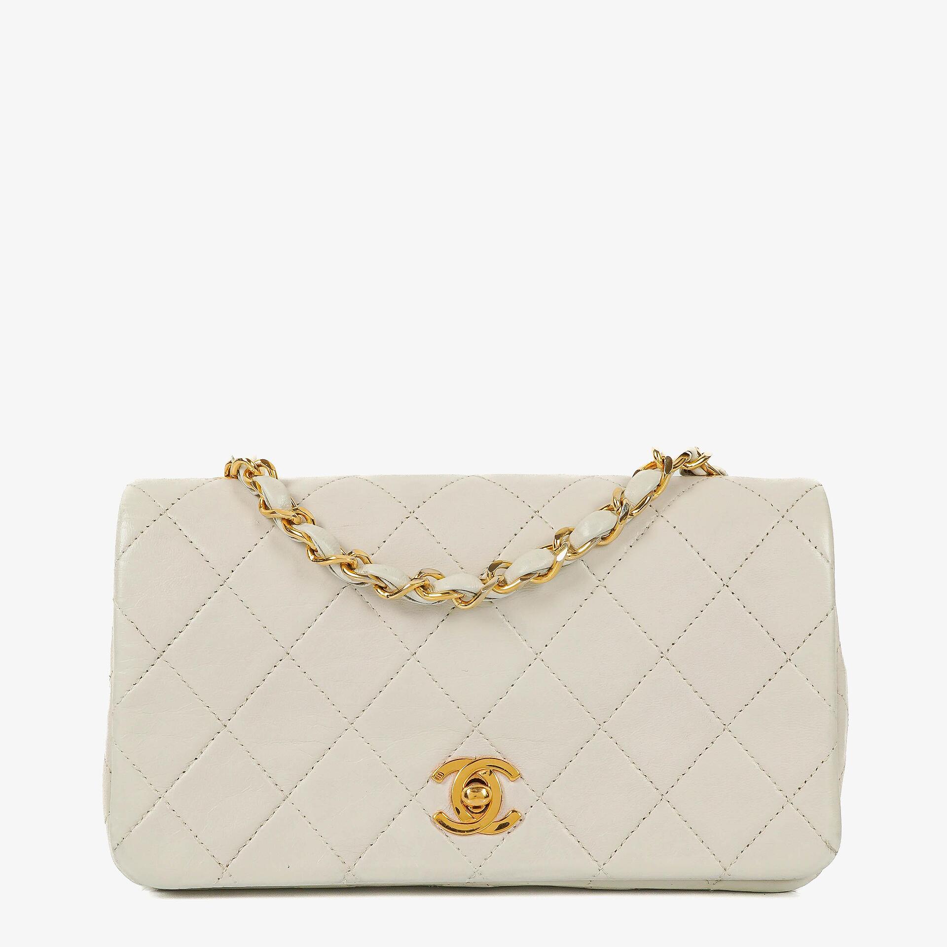 Chanel Mini Classic Weiße Stepp Lammleder Vollklapp Geldbörse Mit Kette WOC Mit 24K Vergoldeten Beschlägen