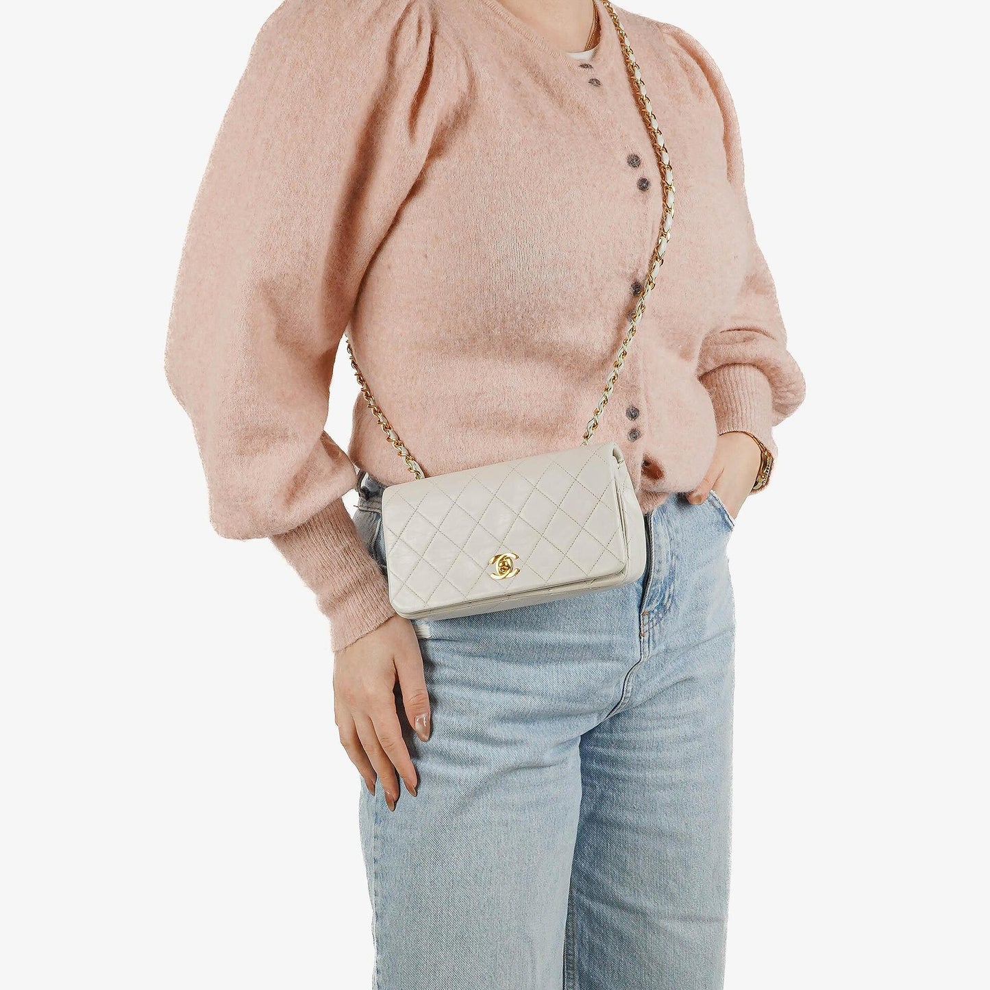 Chanel Mini Classic Weiße Stepp Lammleder Vollklapp Geldbörse Mit Kette WOC Mit 24K Vergoldeten Beschlägen