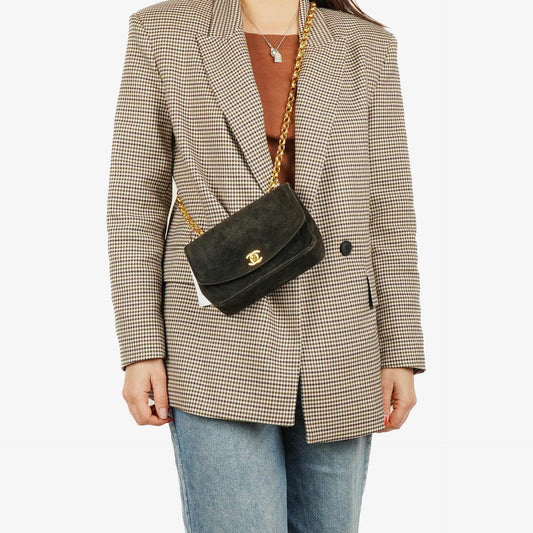 Chanel Mini Diana Bijoux Chain Vintage Flap Tasche aus schwarzem gestepptem Wildleder mit 24K vergoldeten Beschlägen (1989–1991)
