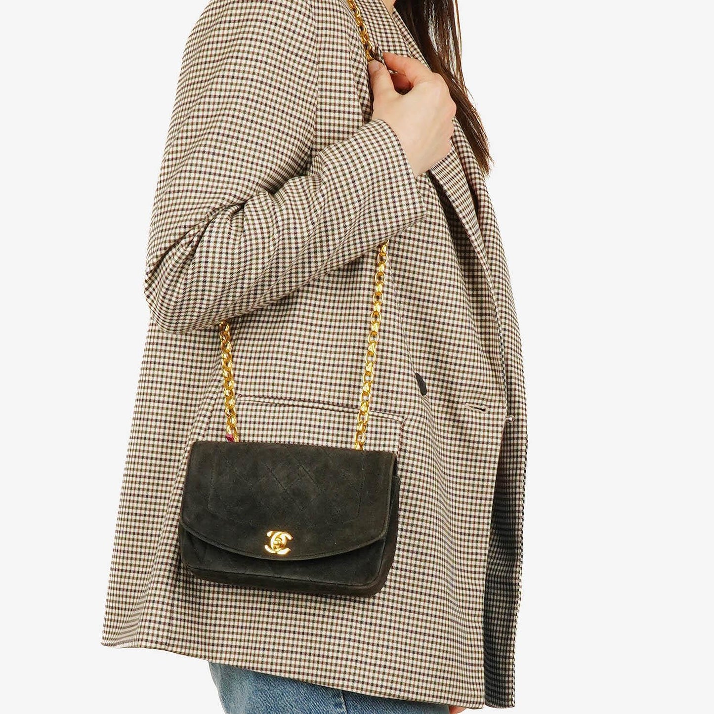Chanel Mini Diana Bijoux Chain Vintage Flap Tasche aus schwarzem gestepptem Wildleder mit 24K vergoldeten Beschlägen (1989–1991)