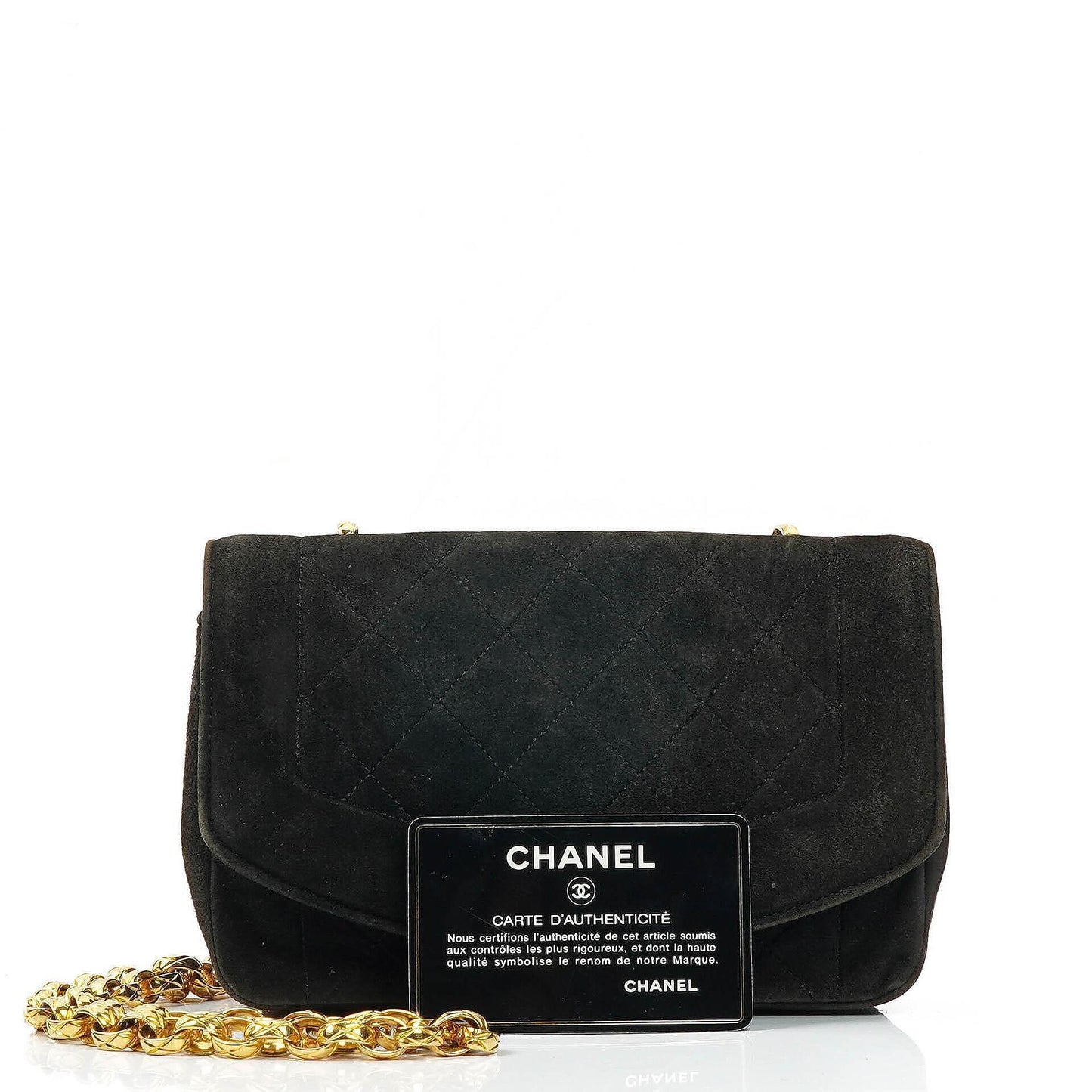 Chanel Mini Diana Bijoux Chain Vintage Flap Tasche aus schwarzem gestepptem Wildleder mit 24K vergoldeten Beschlägen (1989–1991)