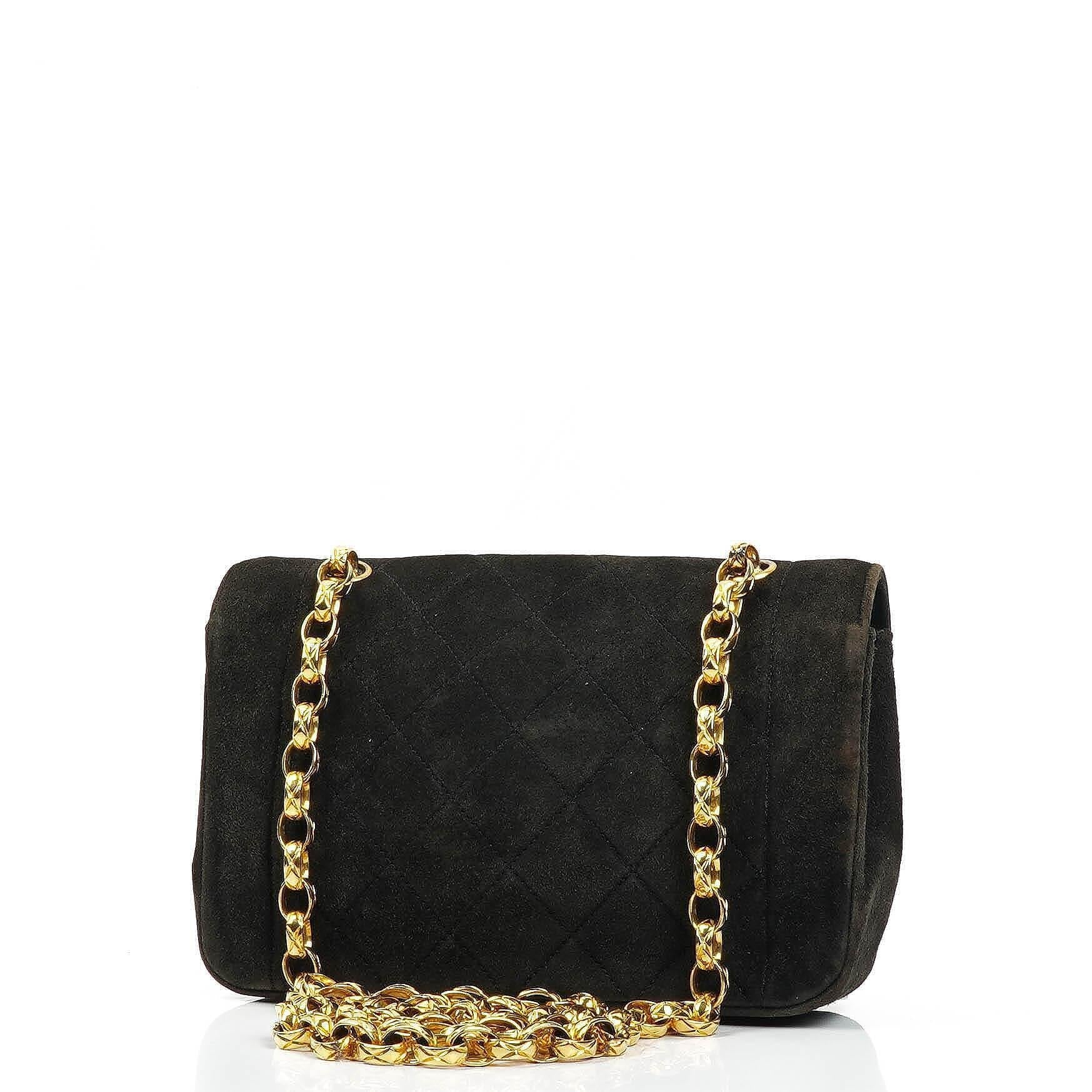 Chanel Mini Diana Bijoux Chain Vintage Flap Tasche aus schwarzem gestepptem Wildleder mit 24K vergoldeten Beschlägen (1989–1991)