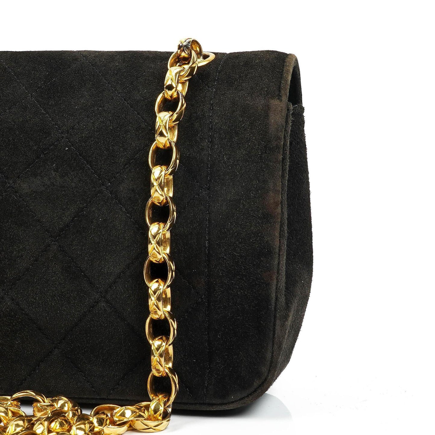 Chanel Mini Diana Bijoux Chain Vintage Flap Tasche aus schwarzem gestepptem Wildleder mit 24K vergoldeten Beschlägen (1989–1991)