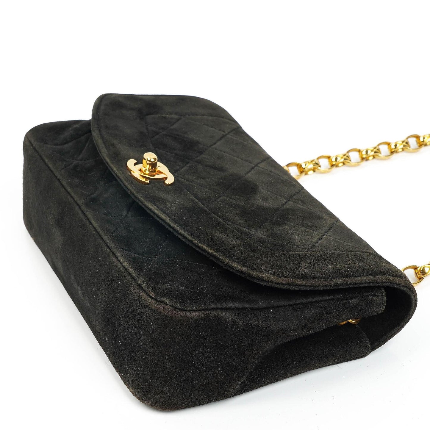 Chanel Mini Diana Bijoux Chain Vintage Flap Tasche aus schwarzem gestepptem Wildleder mit 24K vergoldeten Beschlägen (1989–1991)