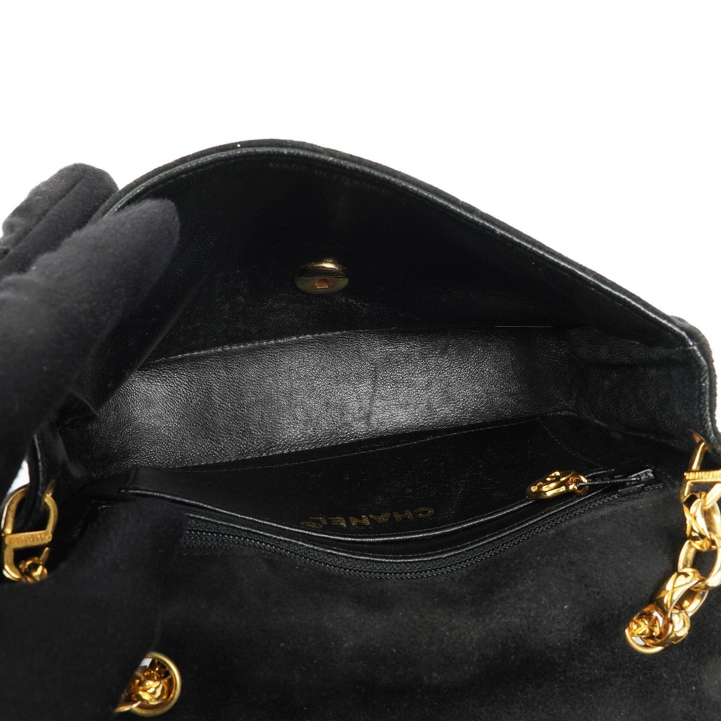 Chanel Mini Diana Bijoux Chain Vintage Flap Tasche aus schwarzem gestepptem Wildleder mit 24K vergoldeten Beschlägen (1989–1991)