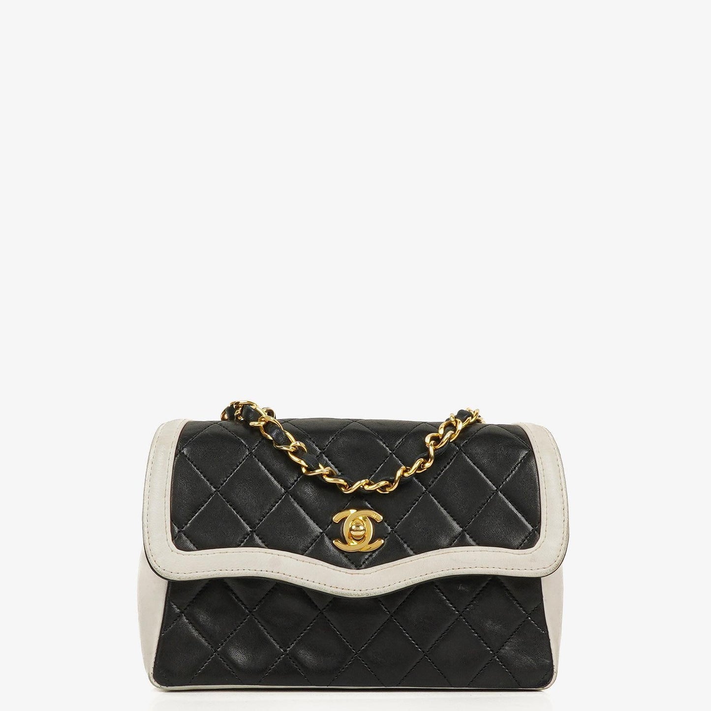 Chanel Mini Diana Flap Tasche aus schwarz-weißem gestepptem Lammleder mit 24K vergoldeten Beschlägen
