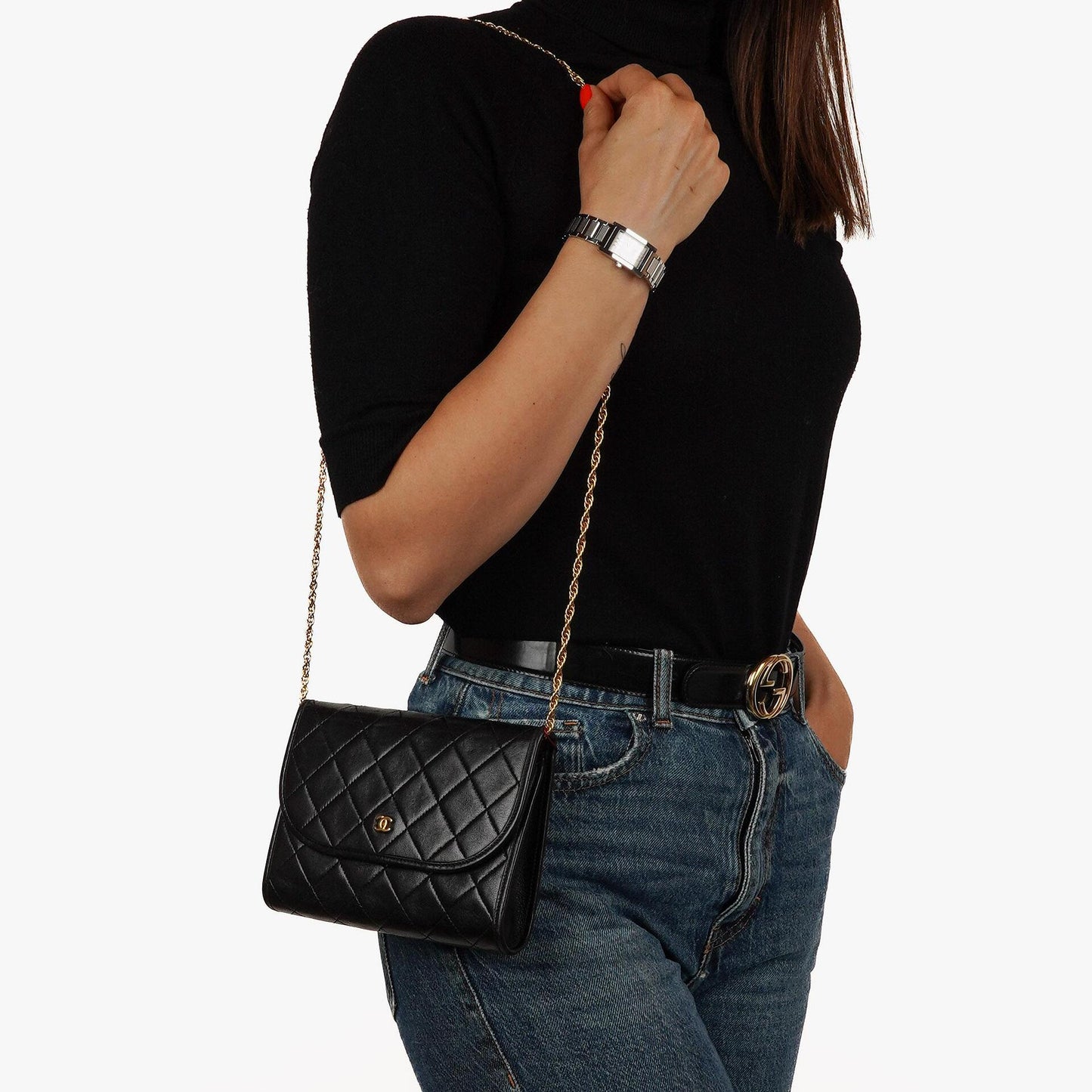 Chanel Mini Klapptasche Schwarze gesteppte Lammleder mit 24K vergoldeten Beschlägen Gut