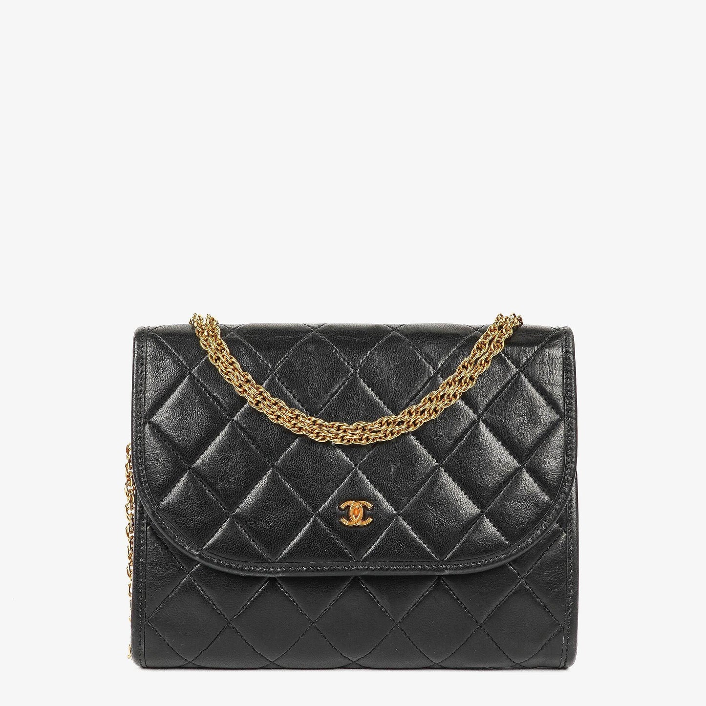 Chanel Mini Flap Bag aus schwarzem gestepptem Lammleder mit 24K vergoldeter Hardware