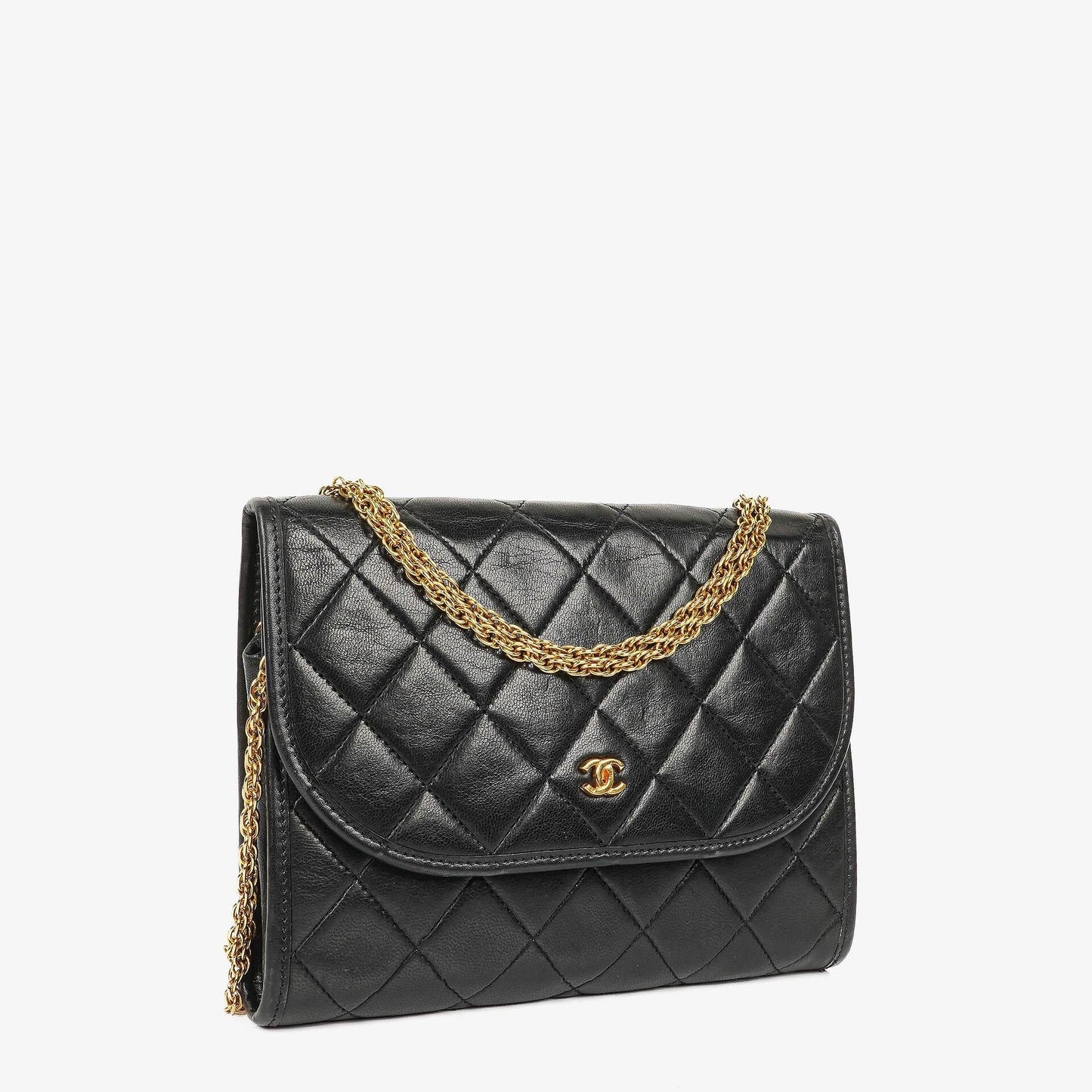 Chanel Mini Flap Bag aus schwarzem gestepptem Lammleder mit 24K vergoldeter Hardware