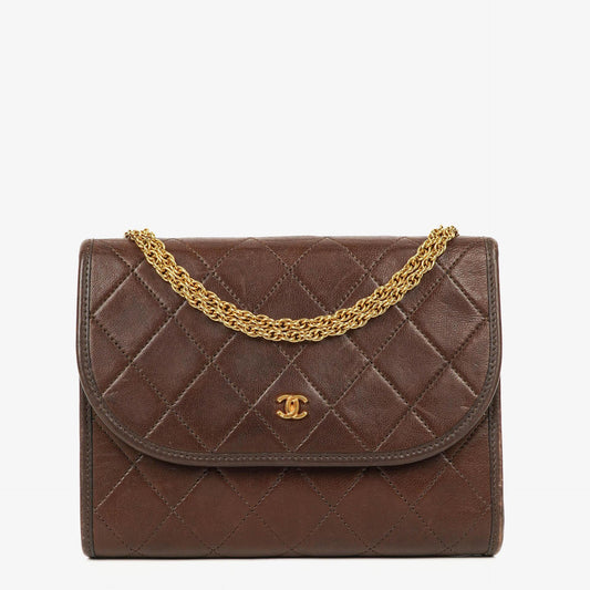 Chanel Mini Flap Tasche aus braunem gestepptem Lammleder mit 24K-vergoldeten Beschlägen