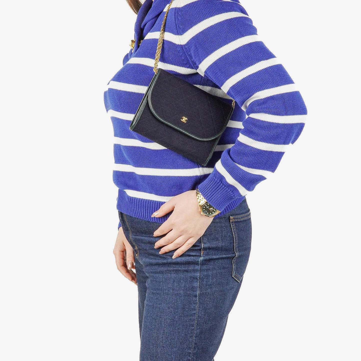 Chanel Mini Klappe Navy Jersey mit 24K vergoldeter Hardware