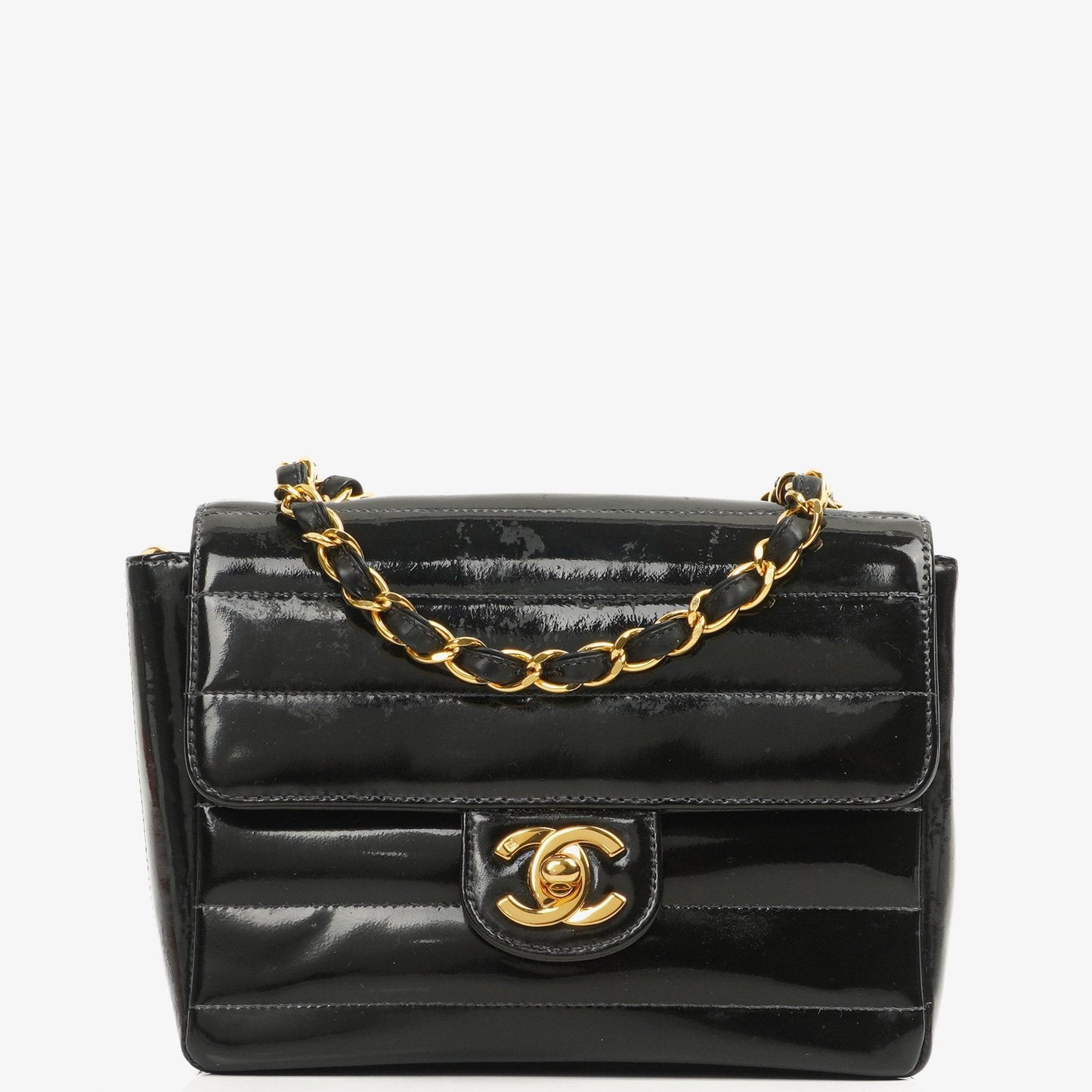 Chanel Mini Square Flap Bag aus schwarzem horizontal gestepptem Lackleder mit 24K vergoldeter Hardware