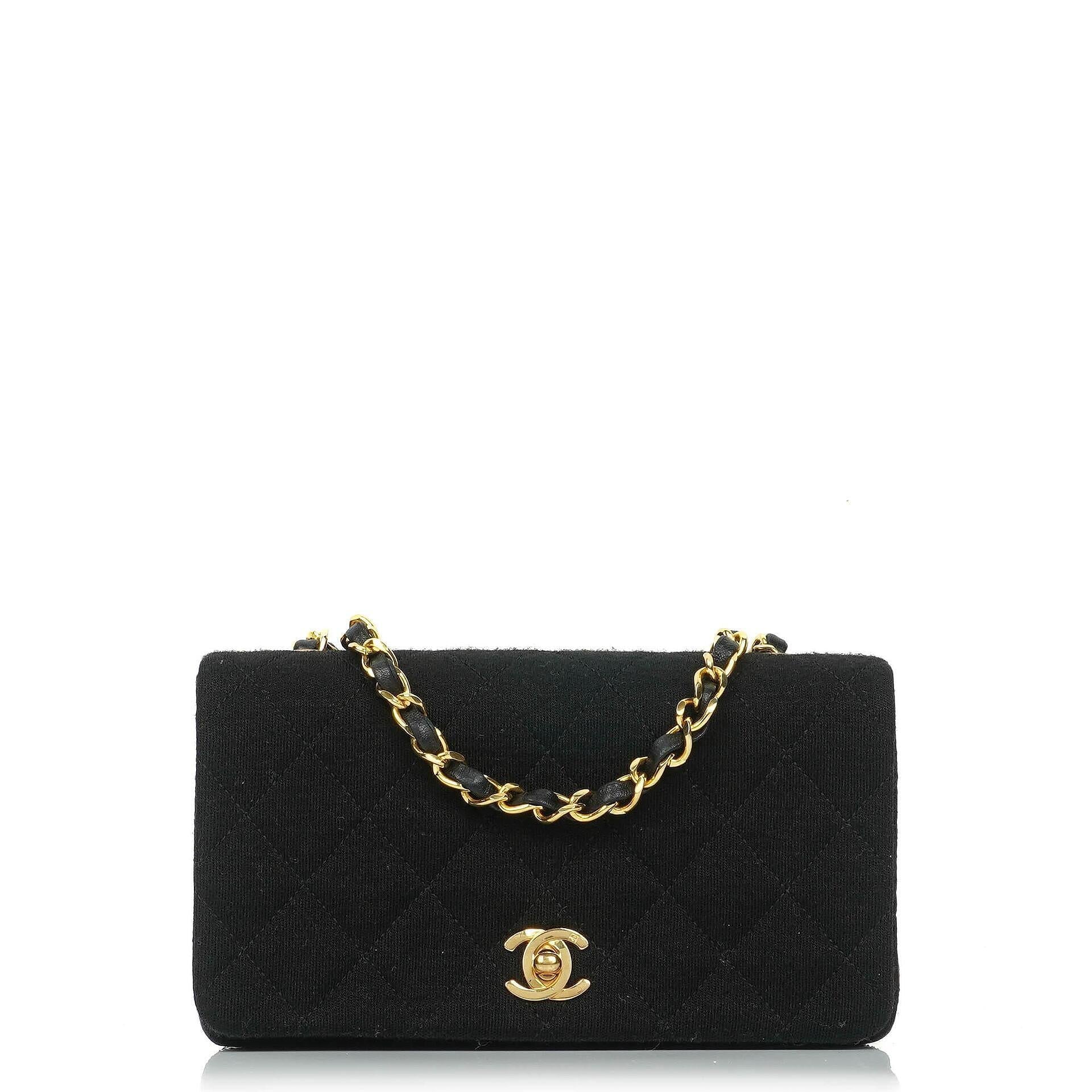 Chanel Mini Full Flap Vintage Tasche aus schwarzem gestepptem Jersey und Lammleder mit 24K vergoldeter Hardware