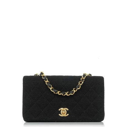 Chanel Mini Full Flap Vintage Tasche aus schwarzem gestepptem Jersey und Lammleder mit 24K vergoldeter Hardware