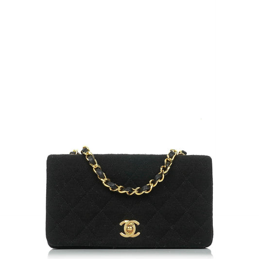 Chanel Mini Full Flap Vintage Tasche aus schwarzem gestepptem Jersey und Lammleder mit 24K vergoldeter Hardware