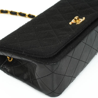 Chanel Mini Full Flap Vintage Tasche aus schwarzem gestepptem Jersey und Lammleder mit 24K vergoldeter Hardware