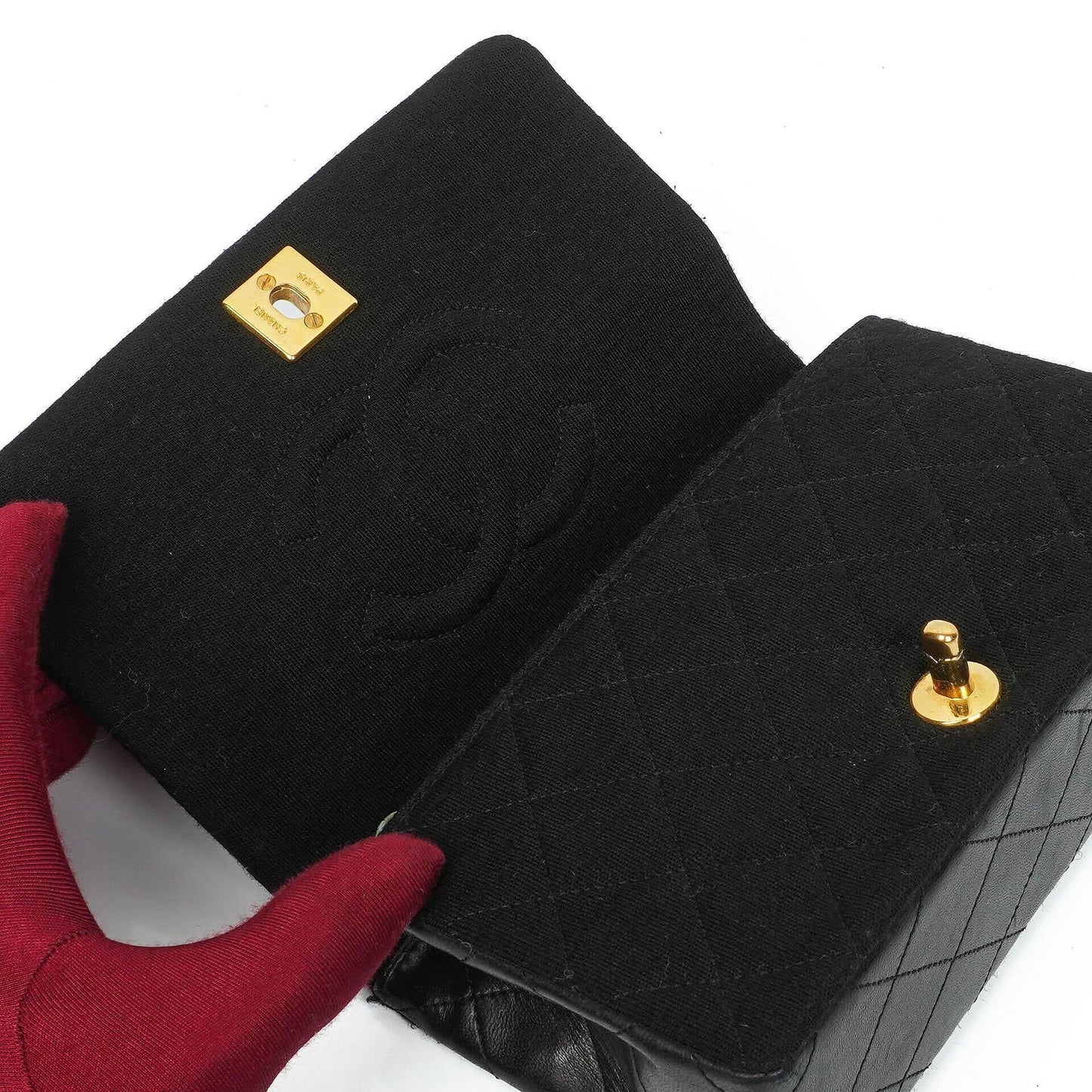 Chanel Mini Full Flap Vintage Tasche aus schwarzem gestepptem Jersey und Lammleder mit 24K vergoldeter Hardware