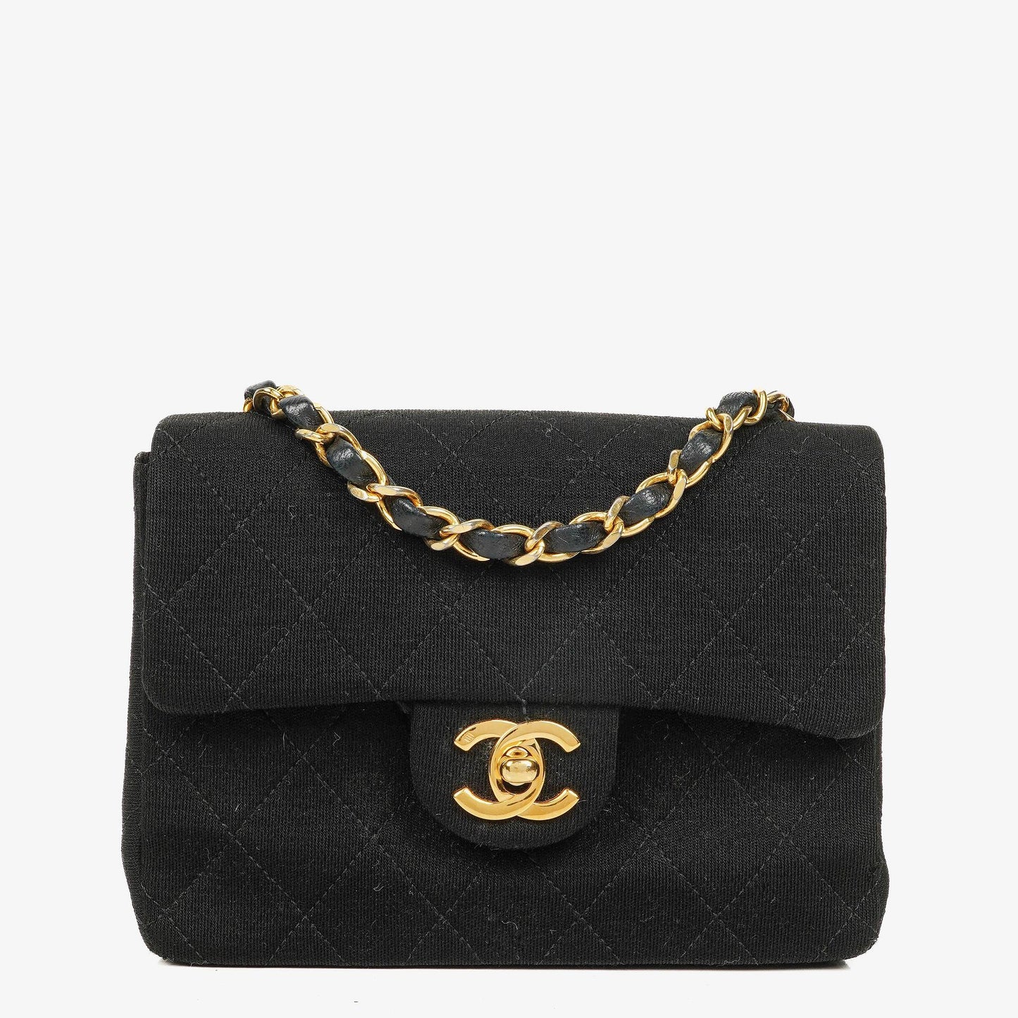 Chanel Mini Square Flap Bag aus schwarzem gestepptem Jersey mit 24K vergoldeten Beschlägen