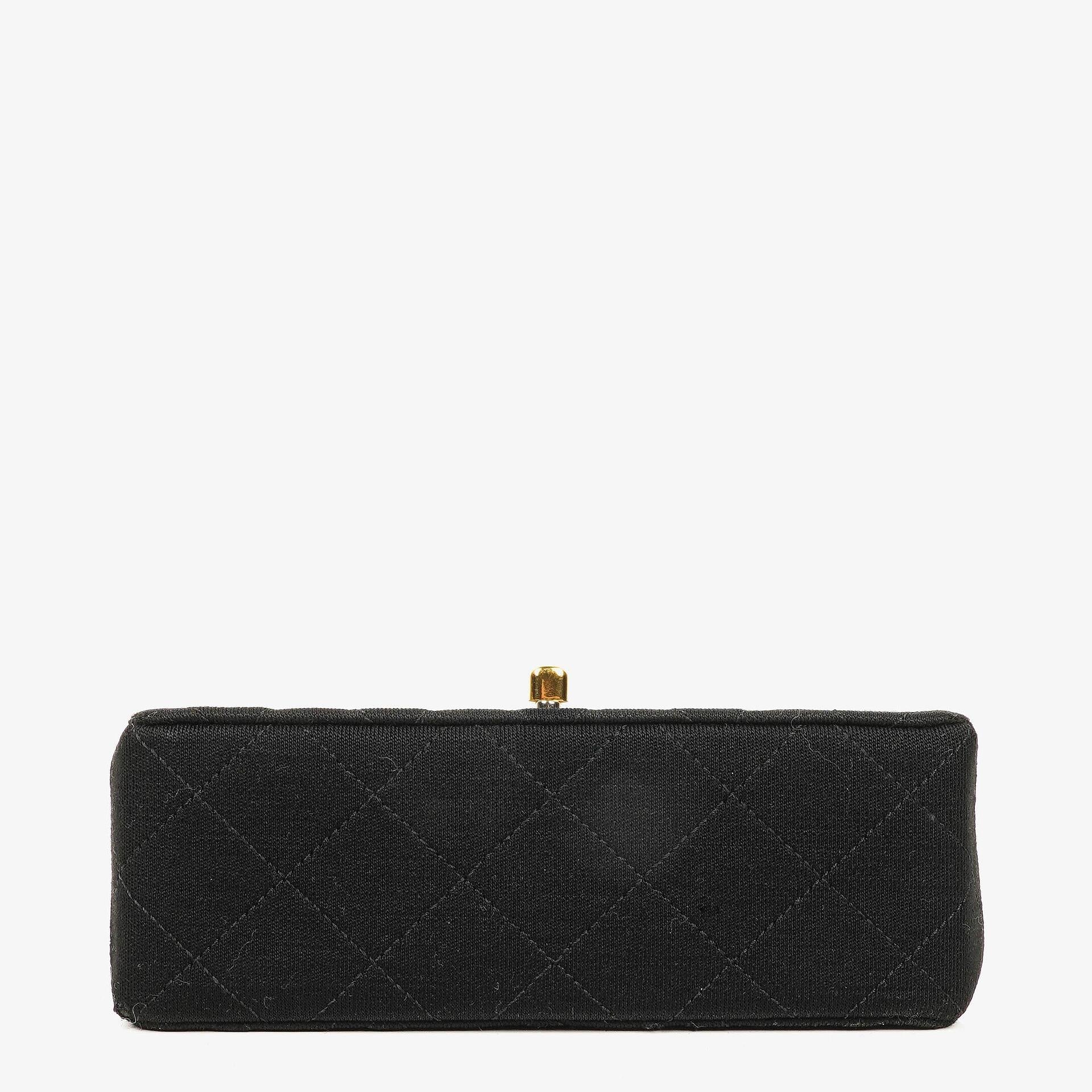 Chanel Mini Square Flap Bag aus schwarzem gestepptem Jersey mit 24K vergoldeten Beschlägen