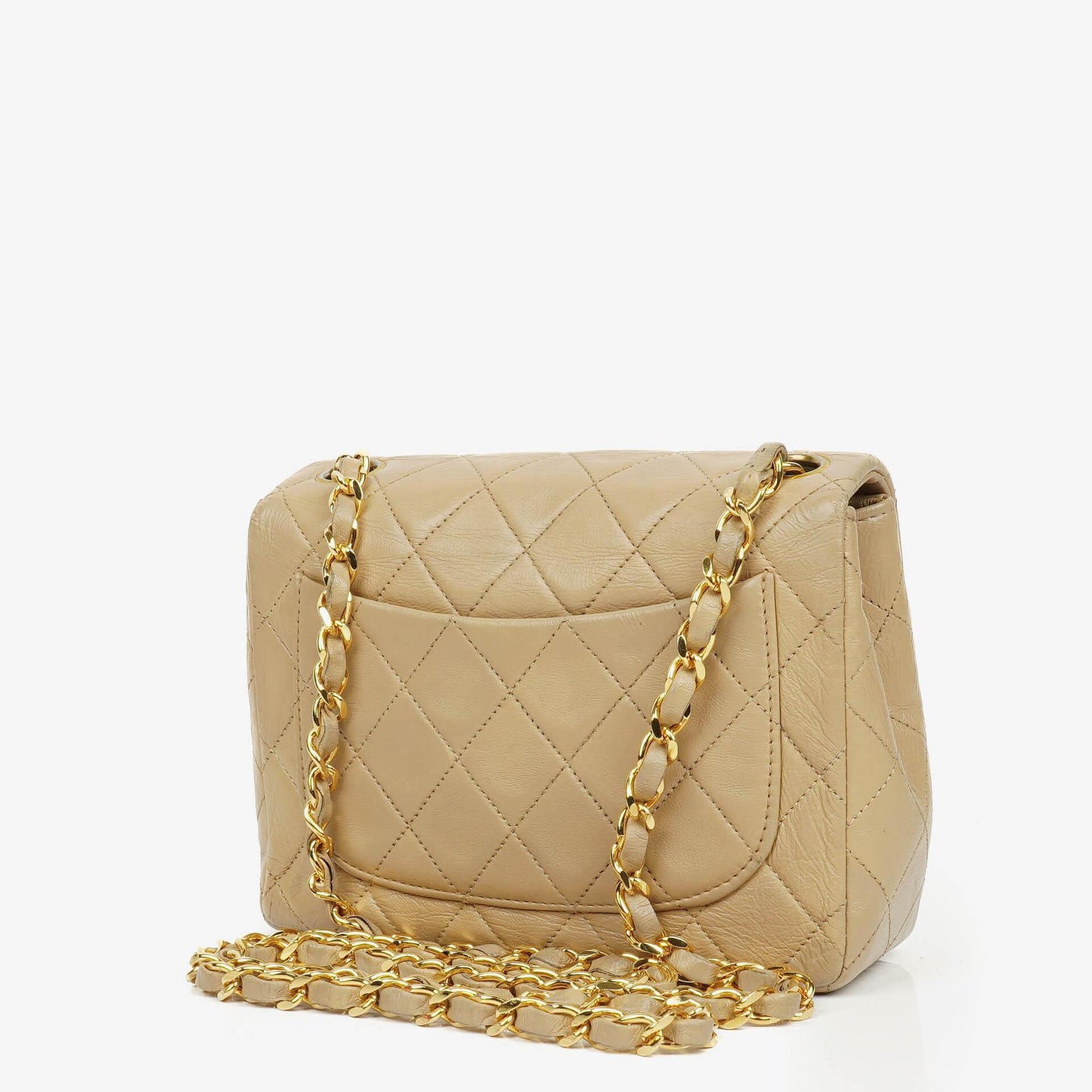 Chanel Mini Square Klappentasche aus beigem gestepptem Leder mit 24K vergoldeten Beschlägen