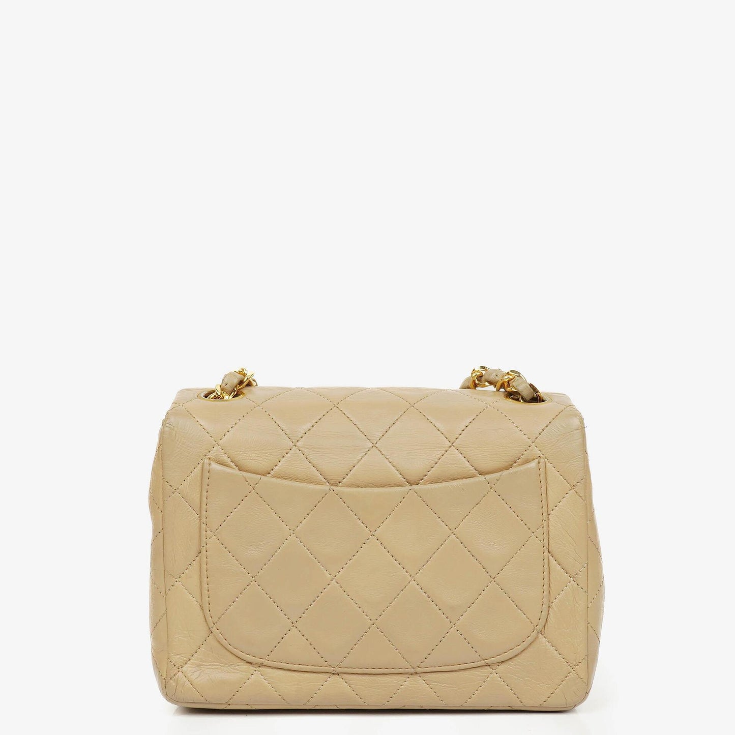 Chanel Mini Square Klappentasche aus beigem gestepptem Leder mit 24K vergoldeten Beschlägen