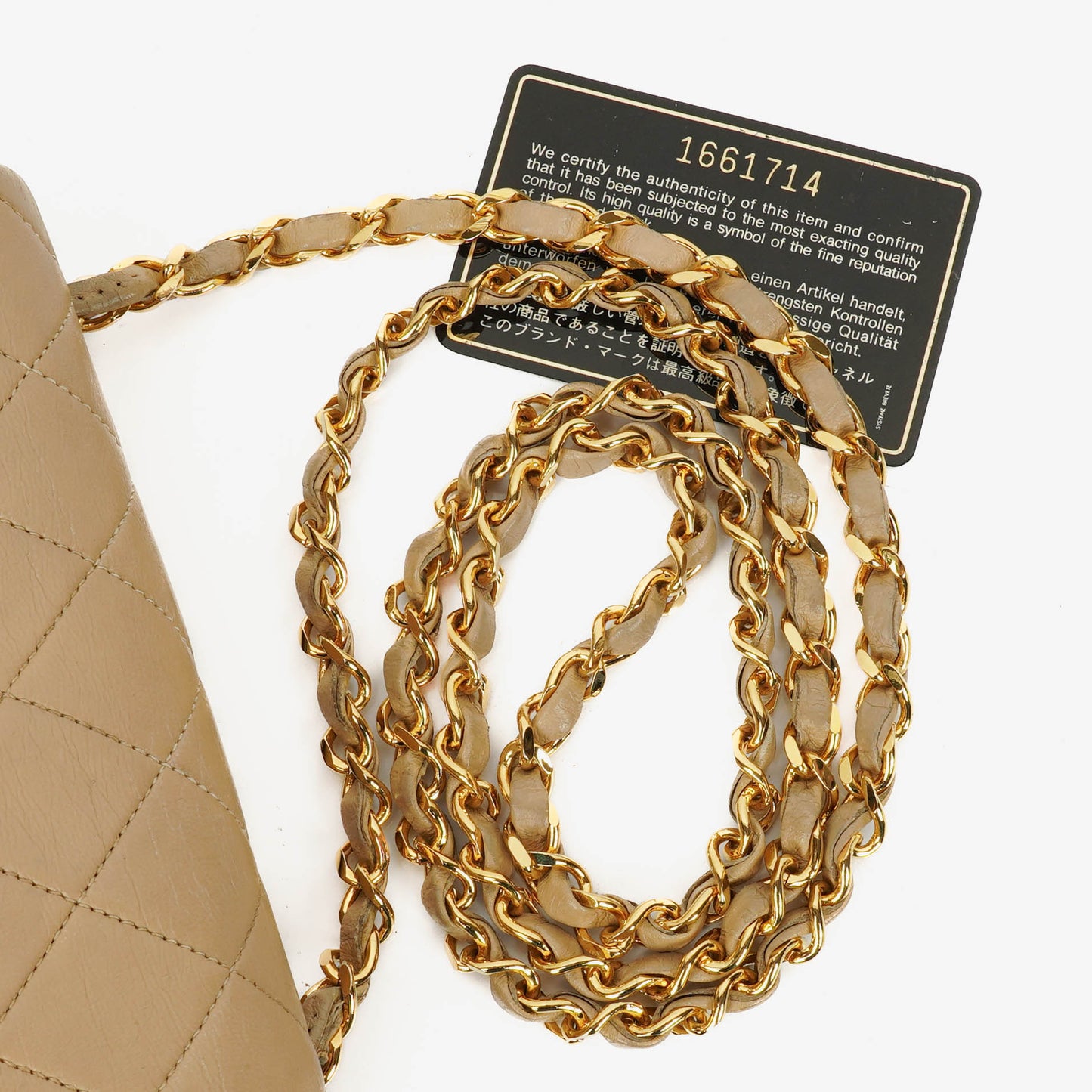 Chanel Mini Square Klappentasche aus beigem gestepptem Leder mit 24K vergoldeten Beschlägen