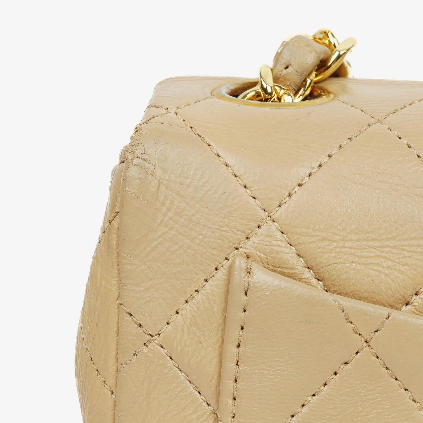 Chanel Mini Square Klappentasche aus beigem gestepptem Leder mit 24K vergoldeten Beschlägen