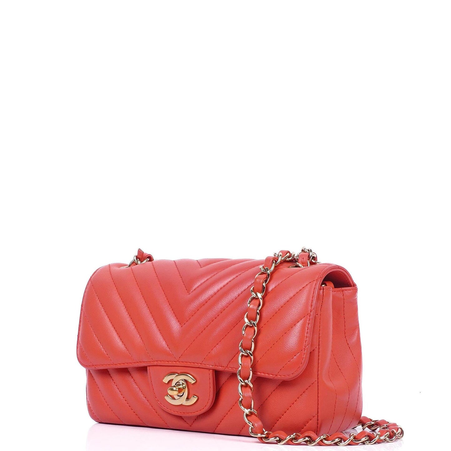 Chanel Mini Rectangular Classic Single Flap Bag aus Korallen Chevron gestepptem Lammleder mit goldfarbener Hardware
