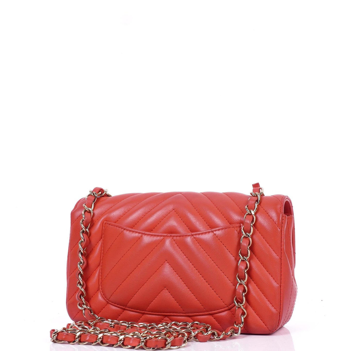 Chanel Mini Rectangular Classic Single Flap Bag aus Korallen Chevron gestepptem Lammleder mit goldfarbener Hardware